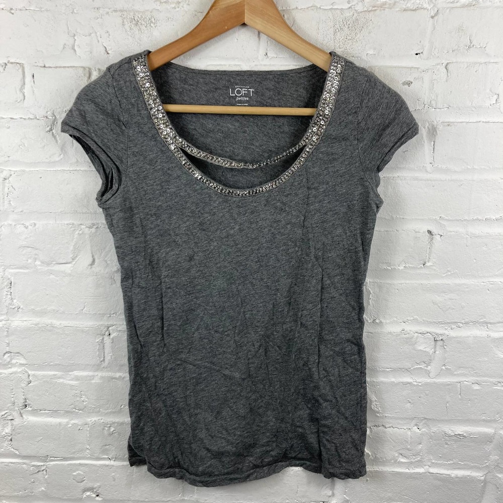 LOFT Women's Sequin Around Neck Blouse Top Caps Sleeves Charcoal Gray Size XS
